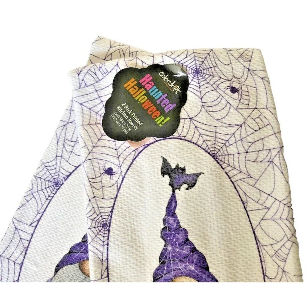 Halloween Kitchen Dish Towels Gnome Pumpkin Spider Web 100% Cotton Set of 2